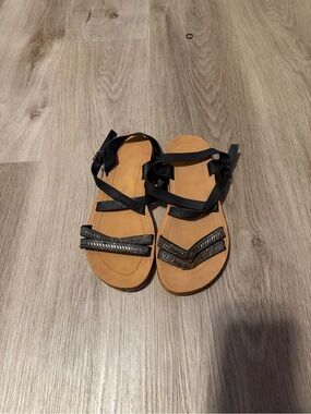 Women's Black Strappy Sandals with Tan Footbed